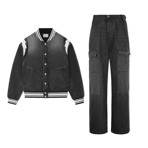 JAYCAN SPORTS Unisex Streetwear Bomber Jacket Set Black Denim Cargo <b>Pants</b> Color Blocking Full Sleeve Autumn Wear Regular Fit - Product Image 3