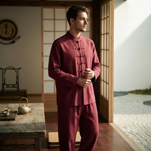 TESSUTO Conjunto de Chaqueta de Poliéster y Algodón para Artes Marciales, Color Beige Caqui, con Ribete Marrón, Traje Tang, Botones Tipo Rana y Cuello Mandarín - Product Image 4