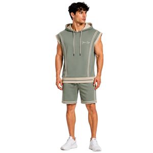 Conjunto Deportivo para Hombre, Color Verde Salvia y Beige, Sin Mangas, con Capucha, Logotipo Personalizado, para Gimnasio, Fitness, Entrenamiento, Sudadera con Capucha y Pantalones Cortos, Ropa Deportiva - Product Image 1