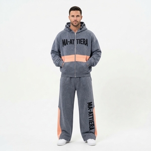 Conjunto de Sudadera con Capucha y Cremallera Gris Naranja para Hombre y Pantalones de Pierna Ancha con Paneles en Contraste y Detalles de Tachuelas, Chándal Estilo Urbano, Personalizado OEM ODM - Product Image 1