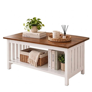 Table basse de style farmhouse avec étagère de rangement, plateau en bois, cadre blanc, meubles de salon, design moderne - Product Image 1