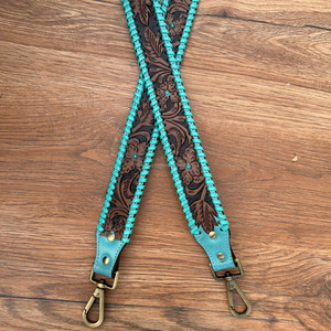 Sangle de guitare en cuir usiné Western Turquoise Sangle de sac à bandoulière de remplacement en cuir véritable avec finition en laiton antique - Product Image 3