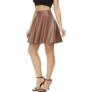 Autumn Real Lamb <b>Leather</b> Casual <b>Mini</b> Pleated <b>Skirt</b> for Women <b>Red</b> Denim Breathable Regular Waistline - Product Image 3
