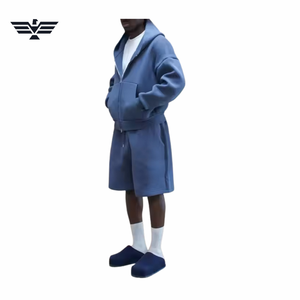 Men's Blue Hooded Fleece Breathable Woven Zip-Up Jacket <b>Set</b> Casual Solid Color <b>Knitted</b> Cotton Shorts Spring Wear - Product Image 6