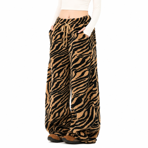 Custom Women's Tiger Print Fleece Wide Leg Pants Mid Waist Drawstring Loose Fit Casual Full Length <b>Animal</b> <b>Pattern</b> Pants Winter - Product Image 1