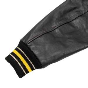 Chaqueta Bomber Varsity con Logotipo Personalizado para Hombre y Mujer, Lana Negra Oscura con Mangas de Cuero, Venta al por Mayor, Súper Calidad - Product Image 2