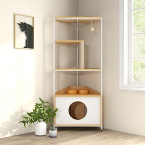 Mobili per animali domestici da interno sostenibili: Torre angolare per gatti con tiragraffi, cuccia, stazione per l'alimentazione e piattaforme per l'arrampicata - Product Image 1