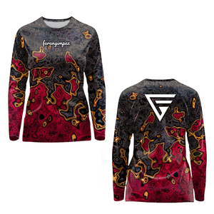 Camiseta de Pesca Personalizada con Cuello Redondo, 100% Poliéster, Impresión por Sublimación, Secado Rápido, UPF 50, Patrón Rojo y Negro, para Mujer Adulta - Product Image 1