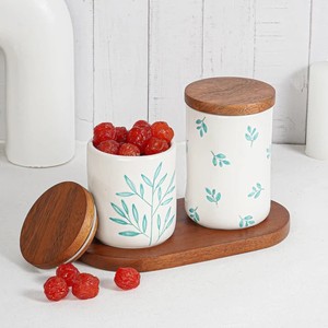 Ensemble de pots de rangement en céramique de qualité supérieure avec couvercle en bois, récipient de cuisine hermétique, design élégant en forme de feuille, organisateur polyvalent - Product Image 2