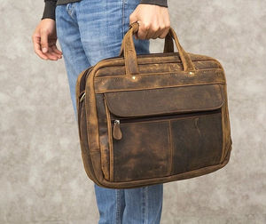 <b>Brown</b> Embossed Leather Briefcase with <b>Tie</b> Dye Design Front Zip Pocket and Top Handles - Product Image 1