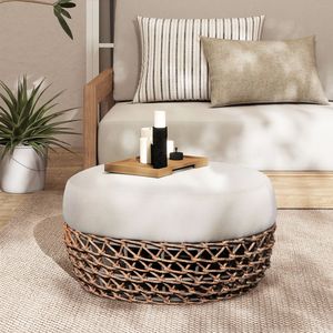 Pouf da giardino rotondo Willow da 25 pollici con struttura in vimini marrone dorato e rivestimento in tessuto beige grano - Product Image 1