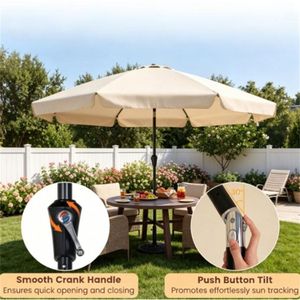 Parasol de terrasse beige de 3 m à bords festonnés avec auvent ventilé, manivelle de levage, bouton d'inclinaison, baleines en fibre de verre et base en granit - Product Image 4