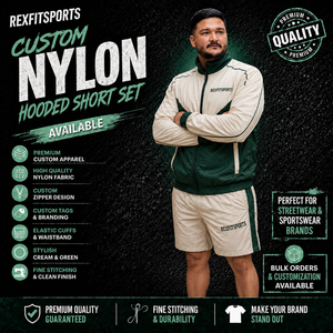 ชุดแจ็คเก็ตและกางเกงขาสั้นผู้ชายแบบมีฮู้ด รุ่น REXFIT SPORTS 2026 ผลิตจากไนลอน สีครีมเขียว ชุดกีฬาแทรคสูท แบรนด์ส่วนตัว - Product Image 1