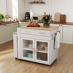 Isola da Cucina Mobile con Tavolo da Pranzo Estensibile, 2 Cassetti, Prese Elettriche e Armadietto Portaoggetti con Ruote - Product Image 3