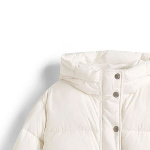 White Hooded Puffer Jacket Button Closure Windproof <b>Thick</b> <b>Winter</b> <b>Coat</b> Unisex Casual Solid Color Regular Fit Short Length - Product Image 2