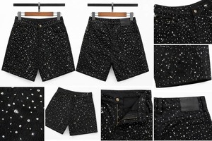 Shorts en jean de luxe pour homme, noirs, ornés de strass, style High Street, effet ciel étoilé, bling-bling - Product Image 5