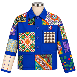 Chaqueta de Trabajo Azul Rey con Mosaico, Estampado Floral Colorido, Cierre de Botones, Estilo Casual Urbano, con Bolsillos Grandes - Product Image 1