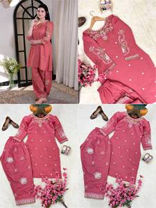 Exclusive Roman Silk Kurti And Farshi Palazzo Set With Heavy Embroidery Work Designer Ethnic Outfit Women - Product Image 5