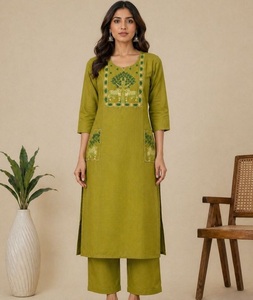 Ensemble de pantalon et kurti brodé en coton et lin pour femmes, style shalwar kameez, vêtements décontractés indiens et pakistanais pour femmes, pour toutes les saisons - Product Image 1