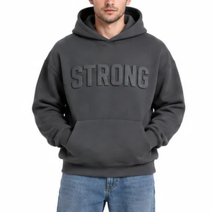 Premium <b>Men's</b> Dark <b>Grey</b> Hoodie with Embossed "STRONG" Lettering Casual Streetwear Pullover <b>Sweatshirt</b> - Product Image 1