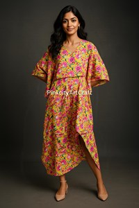 Vestido Kaftán Amarillo de Algodón Puro con Estampado a Mano, Estilo Indo-Occidental, Cintura Natural Asimétrica, Vestido Maxi Ecológico para Mujer - Product Image 5