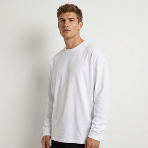 <b>Men's</b> White Long Sleeve Crew Neck T-Shirt Polyester/Cotton Jersey Casual Solid Color Knitted Plain Dyed Plus Size Front Blank - Product Image 4