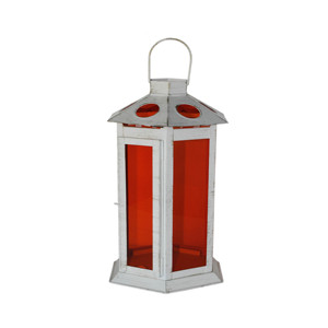Farol Colgante Hexagonal de Metal Blanco Desgastado Mediano con Ventilación Ovalada, Techo Inclinado, Vidrio Teñido Rojo y Asa de Alambre para Mesa - Product Image 2