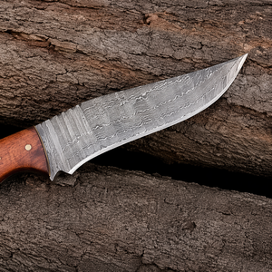 Cuchillo de Camping Hecho a Mano con Hoja de Acero de Damasco de Punta Caída y Borde Recto, Mango de Cuerno y Madera, Funda de Cuero - Product Image 3