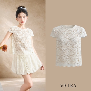 เสื้อผู้หญิงสีขาวลายดอกไม้ลูกไม้แขนสั้นคอกลมซีทรูชายเสื้อแบบสแกลลอปหวานๆสไตล์วินเทจสำหรับฤดูใบไม้ผลิและฤดูร้อน ยี่ห้อ ELARA - Product Image 1