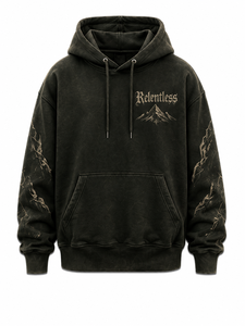 Acidwash Relentless <b>Men's</b> Black Hooded Sweatshirt Oversized Cotton Printed Mountain Design Casual Autumn Wear - Product Image 2
