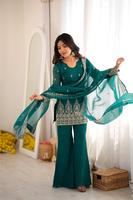 Setelan Kurta Sutra Kerut dengan Payet Zari, Dupatta Renda Mewah, Celana Bell Bottom, Pakaian Etnik Jahit, Payet Zari