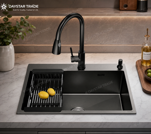 DAYSTAR TRADE Nano Black <b>Brushed</b> Handmade Rectangular Double Undermount 304 Stainless Steel Kitchen Sink Drainboard Modern - Product Image 5