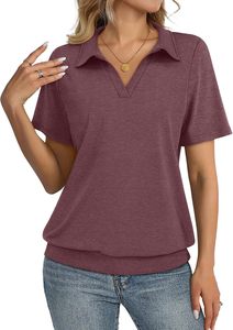 Polo de punto de manga corta rosa liso para mujer, de longitud regular, teñido liso, camiseta polo de moda, OEM ODM - Product Image 2