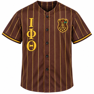 T-shirts de baseball Iota Phi Theta marron doré pour hommes, à manches courtes, boutonnés sur le devant, avec motif rayé et lettres, légers - Product Image 3