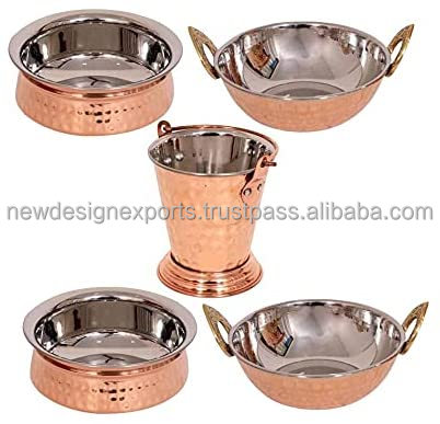 Copper Steel Indian Serving Bowl Copper Stainless Steel Hammered Kadhai Set Of 5 Indian Dishes Serve ware Cook n Serve