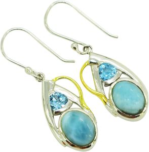Boucles d'oreilles pendantes en forme de goutte d'eau avec topaze bleue et pierre Larimar, serties en argent sterling 925, style classique pour femme - Product Image 2