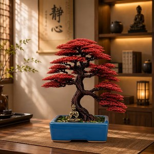 Árbol Bonsái de Arce de Aluminio Hecho a Mano por Tinh Tan Art, con Hojas Rojas, Maceta Rectangular Decorativa, Estilo Zen, para el Hogar, Año Nuevo Chino, Navidad - Product Image 5