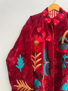 Premium Maroon Velvet Winter <b>Jacket</b> for Women Elegant Heavy Embroidery Velvet Cardigan Coat Quilted Velvet Overcoat - Product Image 4