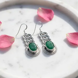 Boucles d'oreilles pendantes en argent sterling 925 avec quartz vert, pierre précieuse ovale, filigrane vintage, style bohème, bijoux ethniques faits à la main pour femmes - Product Image 4