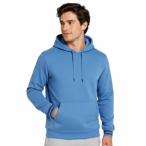 Wholesale Custom sky Blue <b>men's</b> Hoodie with Dark Navy Striped Cuffs trendy Style <b>Men's</b> Streetwear <b>Pullover</b> - Product Image 1