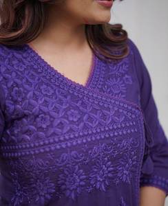 Women's Purple Cotton <b>Chikankari</b> Embroidery A-Line Kurti with Pant Regular Fit Knee Length Casual Wear <b>Suit</b> Set - Product Image 6