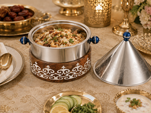 Plat de service en bois de luxe avec couvercle conique en acier inoxydable, chauffe-plat décoratif artisanal, compatible gaz et induction - Product Image 4