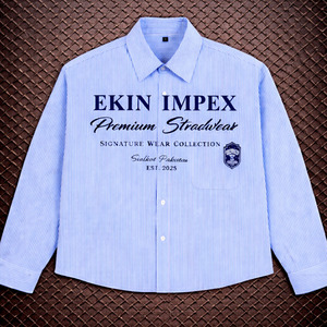 Camisa de Franela Dorada Personalizada Estilo Urbano Azul y Blanca con Botones para Hombre, Patrón de Letras, Corte Holgado, Manga Larga, Antiarrugas - Product Image 1