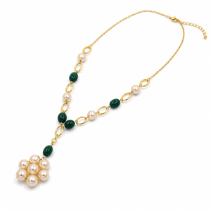 Custom Rhodium Plated Necklace Green <b>Emerald</b> Bead Pearl Station Oval Link Flower Cluster <b>Pendant</b> Fine Women Luxury Gift Jewelry - Product Image 2
