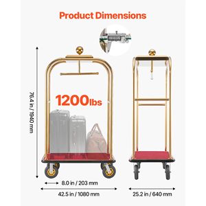Heavy Duty Hotel <b>Luggage</b> Cart 1200 Lbs Capacity Stainless Steel Frame 8 Rubber <b>Wheels</b> Red Carpeted Deck - Product Image 3