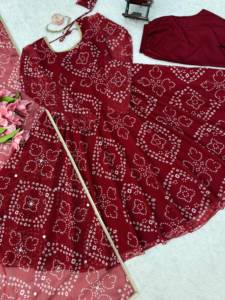 Women's <b>Red</b> Chiffon Anarkali Suit Set Square Collar Full Sleeve Printed Dot Pattern Sequined Embroidery Long Length Elegant - Product Image 2