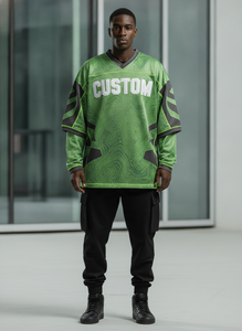 เสื้อเจอร์ซีย์อเมริกันฟุตบอลชาย สีเขียว คอวี แขนยาว พิมพ์ลายแบบซับลิเมชั่น ผ้าตาข่ายโพลีเอสเตอร์ ระบายอากาศได้ดี ใส่ได้ทุกฤดู - Product Image 5