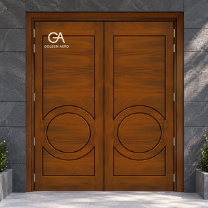 Puerta de Entrada Doble de Madera Sólida Moderna GA-41L, Diseño Escandinavo con Ranuras Circulares para Villa de Lujo, Directo de Fábrica - Product Image 1