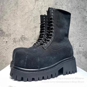 Botas Chelsea de hombre casuales con punta ancha, de mezclilla, suela gruesa, aumento de altura, con cordones, estilo británico, caña alta, para invierno - Product Image 3