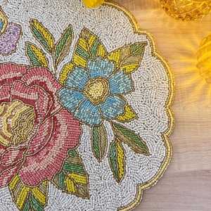 Luxury Handmade Beaded Floral <b>Placemat</b> with Rose and Butterfly Design Eco-Friendly Durable Fabric <b>Table</b> Mat 450mm Diameter - Product Image 3